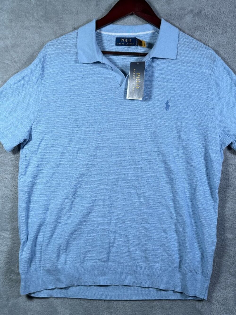 Polo Ralph Lauren Short Sleeve Knit Sweater Shirt Mens M Blue Linen $130